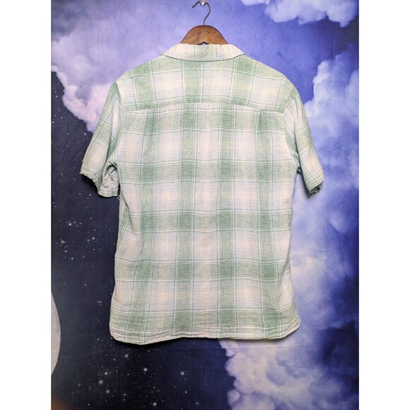 Green Linen Blend Plaid Short Sleeve Shirt Men's Medium Camp Lightweight Summer - Picture 3 of 7